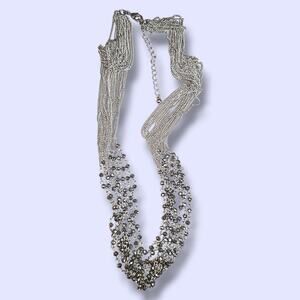 Silver Tone Multi Strand‎ Chain & Crystal Bead Sparkly Statement Necklace